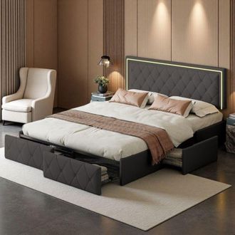 OEM Cama Doble 140x200 - Simil Cuero Gris - Almacenamiento Con Cajones - Iluminaci&oacute;n Led Rgb - Dise&ntilde;o Contempor&aacute;neo