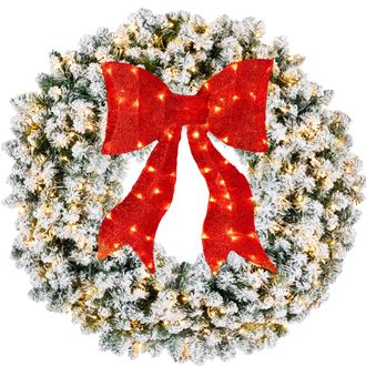 Best Choice Products Artificial Pre-Lit Flocked Fir Christmas Wreath D&eacute;cor w/ Red Bow, LED Lights, Tips, Plug-In