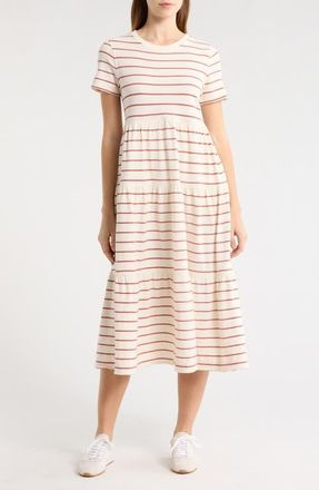Marine Layer Luxe Stripe Tiered Sueded Cotton Dress in Withered Rose Stripe at Nordstrom, Size X-Large