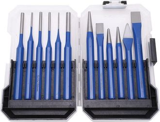 OEM Kit De Cinceles Y Punzones De 12 Piezas, C&oacute;nicos, Cil&iacute;ndricos Y Planos, Con Mango Azul, Herramientas De Grabado Y Perforaci&oacute;n Con Caja De Pl&aacute;stico Con