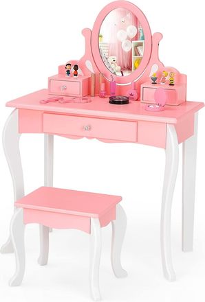 Costway Costway - Set Mesa Tocador Y Taburete Para Ni&ntilde;os, Mesa Maquillaje Infantil Con Espejo Giratorio A 360&deg; Y 3 Cajones, Parte Superior Removible