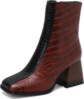 Generic Womens Contrast Panel Ankle Boots Square Toe Chunky Heel Snakeskin Crocodile Pattern Cushioned Insole Non-Slip Outsole Party Daily Streetwear Shoes,Bu