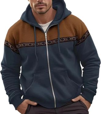 Generic Mens Aztec Print Zip Up Hoodie, Fleece Lined Sweatshirt with Hood & Kangaroo Pocket, Casual Outdoor Jacket for Autumn Winter