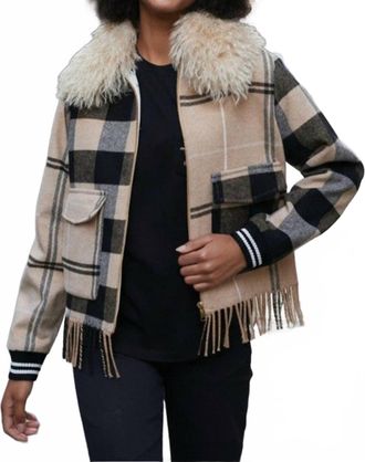 Vilagallo Plaid Zip Bomber Jacket In Camel Check Fringe