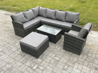 Fimous 8 Seater Rattan Lounge Corner Sofa Set Wicker PE Outdoor Garden Furniture Set with Coffee Table Big Footstool Armchair in Dark Grey