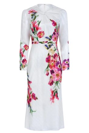 Saloni White Claudia Teardrop Knot Floral Printed Silk Midi Dress