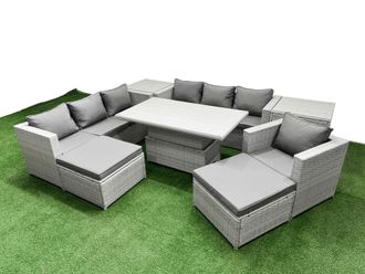 Fimous 7 PCs Rising Dining Table Set Rattan Furniture Set with 3 Seater Sofa in Light Grey