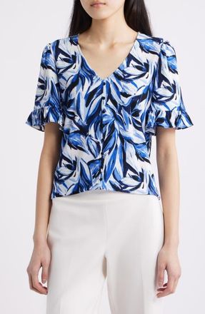 Anne Klein Ruffle Accent Short Sleeve Button-Up Shirt in Anne Black Multi at Nordstrom, Size X-Large