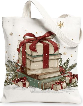 Generic Christmas Vintage Canvas Tote Bags, Holiday Books and Gifts Design Reusable Grocery Bags, Lightweight Washable Shoulder Str, White, 13x15 Inch