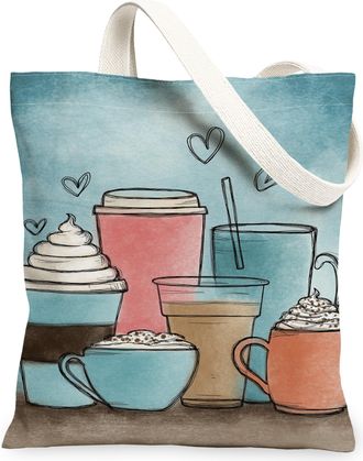 Generic Coffee Themed Canvas Tote Bags, Artistic Beverage Design Reusable Grocery Bags, Vintage Lightweight Washable Shoulder Strap, Blue, 13x15 Inch