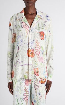 Alexander McQueen Meadow Floral Piped Pajama Shirt in White at Nordstrom, Size 10 Us