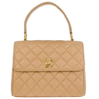 Chanel Vintage Top Handle Flap Quilted Lambskin Beige Leather Handbag (Pre-Owned)