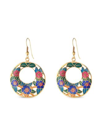 Susan Caplan Vintage 1980s cloisonné floral hoop earrings - Gold