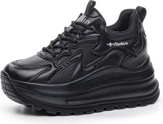 Generic Womens Stylish Wedge Trainers Leather Platform Heeled Casual Comfortable Walking Trainers for Ladies,Black,3.5 UK