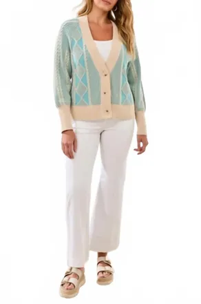 Tribal Long Puff Sleeve Sweater Cardigan In Aqua Sky