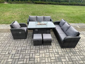 Fimous 9 Seater Wicker Rattan Garden Furniture Set Gas Fire Pit Dining Table Reclining Chair 3 Seater Sofa Set Indoor Outdoor with 2 Footstools