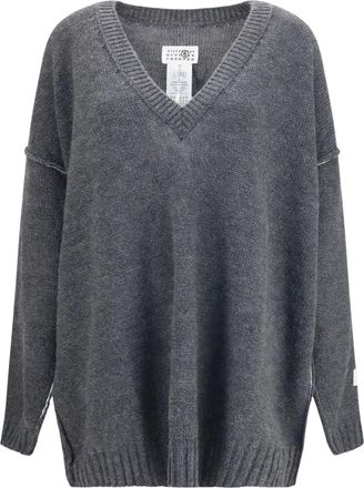 Maison Margiela Textured Grey V-Neck Sweater with Relaxed Fit