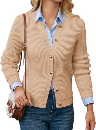 Grace Karin Autumn Cardigans for Women UK, Crew Neck Long Sleeve Knitted Blazer Jackets Elegant, Chunky Sweater Outwear M Khaki
