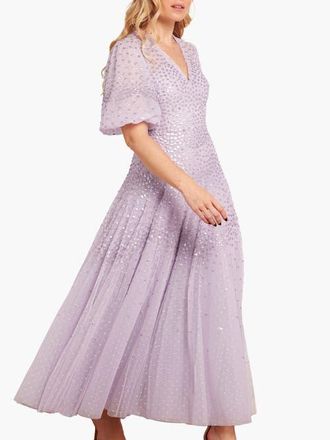 Needle & Thread Scallop Sequin V-neck Ankle Gown in Lavender at Nordstrom, Size 10