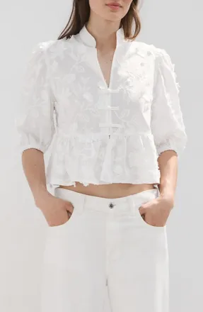 Mango Floral Puff Sleeve Peplum Top in Off White at Nordstrom, Size 6