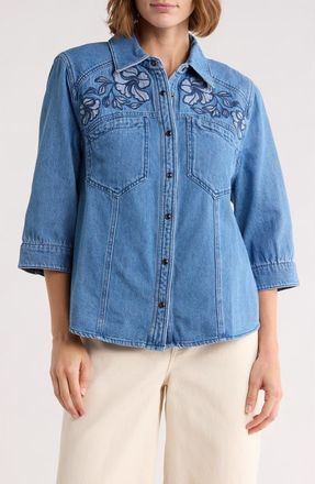 Democracy Floral Embroidered Denim Shirt Jacket in Mid Blue at Nordstrom Rack, Size X-Large
