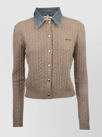 Miu Miu long sleeve knit top denim collar buttons