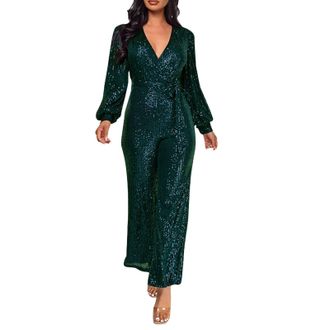 Generic Sequined Jumpsuit for Women UK Formol Elegant V Neck Long Sleeve High-Waist Slim Fit Tunic Bodysuit Romper Playsuit Straight Leg Jumpsuit Belt Baggy D
