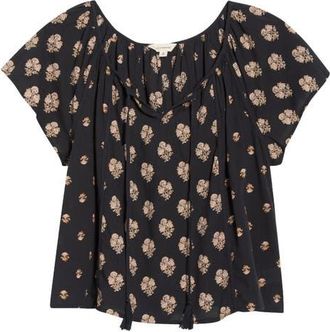 Lucky Brand Floral Split Neck Cotton Top in Black Geo Floral Combo at Nordstrom, Size Xx-Large