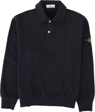 Stone Island Blue Long-Sleeve Patch Logo Cotton Polo Shirt