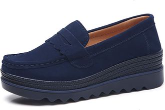 Generic11 Loafers for Women Platform Anti-Slip Breathable Slip-On Low-Cut Solid Color Suede Leather Shallow Wedge Daily Walking Casual Shoes Blue