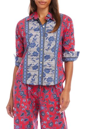 Karen Kane Floral Ruched Sleeve Cotton Button-Up Shirt In Red