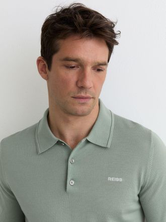 Reiss Light Sage Green Merino Wool Logo Polo Shirt, Xxl