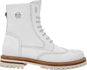 Philipp Plein Nubuck Boots Mid Flat Hexagon - Heren - Veterlaarzen - Wit - 42 EU - Leer - Schoenen