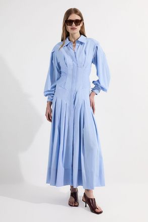 Karen Millen Womens Archive Collection - Cotton Poplin Balloon Sleeve Corset Woven Maxi Dress - Blue - Size 10 UK