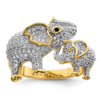 Diamond2Deal Sterling Silver Rhodium-plated Gold Tone Mom & Baby Cubic Zirconia Elephants Ring