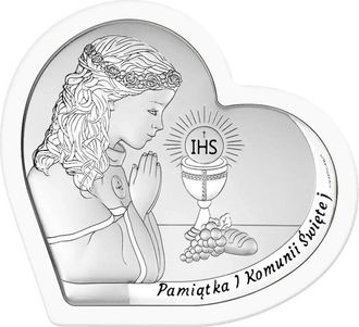 OEM Cuadro En Plata Para Ni&ntilde;a, Recuerdo De Primera Comuni&oacute;n, En Marco Blanco, Coraz&oacute;n Con Grabado 6800-aw 13,5 X 12 Cm