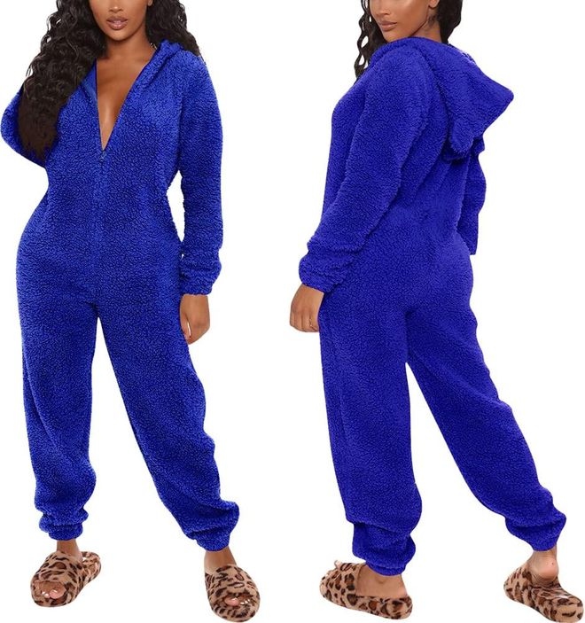 Jumpsuit Winter Damen – Kuscheliger Teddy Fleece Schlafanzug Einteiler Mit Kapuze, Warm & Weich