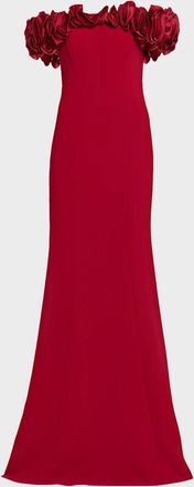 Teri Jon Ruffle Off-Shoulder Crepe Gown