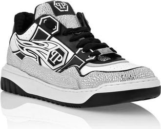 Philipp Plein Mix Leather Lo-Top Sneakers Strass Hexagon Men in White/black at Nordstrom, Size 41