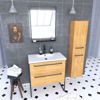 Aurlane Mueble De Ba&ntilde;o 80, Lavabo Blanco, Espejo Led Y Columna Roble Natural