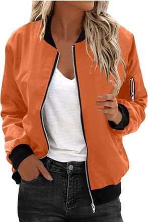 Generic Lightweight Waterproof Jacket Full Zip Up Tops Bomber Baseball Jacket Fall Clothing Casual Solid Color Open Front Cardigan Round Neck Long Sleeve Wate