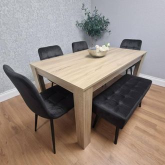 Kosy Koala Modern Oak Table with 4 Black Velvet Chairs & a Black Velvet Benche