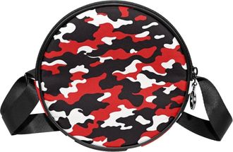 Generic Circle Crossbody Bag for Women, Red Camouflage Small Sling Bag Daypack with Zipper Adjustable Shoulder Straps Casual Ladies Girls Round Purse