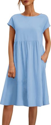 Generic Linen Dresses for Women UK Short Sleeve Summer Dresses with Pockets Loose Beach Plus Size Swing Elegant Round Neck Cotton Linen Summer Outfits Wedding