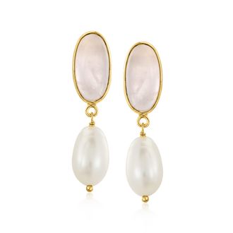 Ross-Simons 8x13mm Cultured Pearl and Rose Quartz Drop Earrings in 18kt Gold Over Sterling