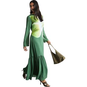 Warehouse Chiffon Placement Print Midaxi Dress in Dark Green at Nordstrom, Size 8