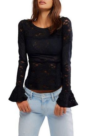 Free People Bell Sleeve Sheer Cotton Blend Lace Top in Black at Nordstrom Rack, Size X-Small