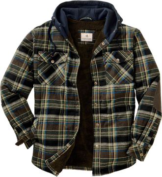 Legendary Whitetails Mens Camp Night Flannel Shirt Jacket with Hood and Berber Lined, Union Plaid, XL