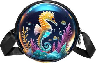 Generic Circle Crossbody Bag for Women, Seahorse Crystal Ball Small Sling Bag Daypack with Zipper Adjustable Shoulder Straps Casual Ladies Girls Round Purse