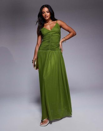 Aria Cove Vestito lungo verde in chiffon con scollo a V e vita scesa a pieghe